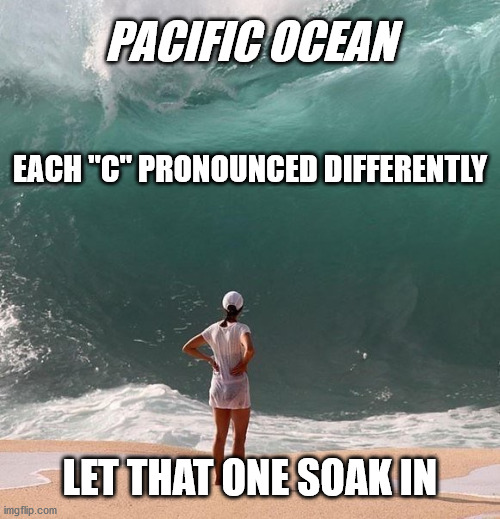 Pacific Ocean | PACIFIC OCEAN; EACH "C" PRONOUNCED DIFFERENTLY; LET THAT ONE SOAK IN | image tagged in haiku,ocean,meme,pacific,english | made w/ Imgflip meme maker