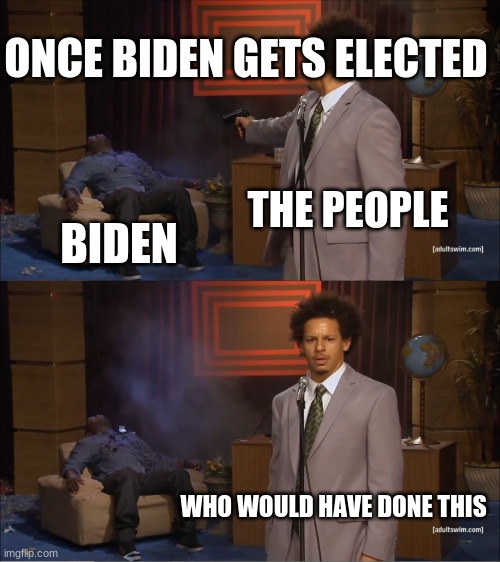 just another meme | ONCE BIDEN GETS ELECTED; THE PEOPLE; BIDEN; WHO WOULD HAVE DONE THIS | image tagged in memes,who killed hannibal | made w/ Imgflip meme maker