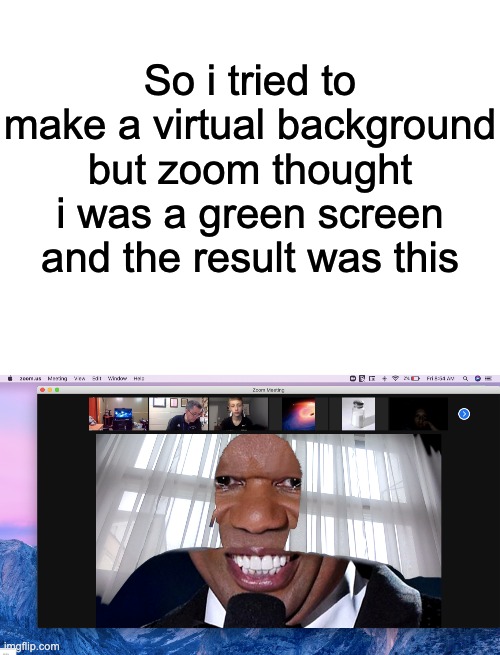 This just happened about five minutes ago | So i tried to make a virtual background but zoom thought i was a green screen and the result was this | image tagged in zoom,memes | made w/ Imgflip meme maker