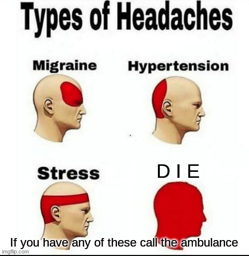 Types of Headaches meme | D I E; If you have any of these call the ambulance | image tagged in types of headaches meme | made w/ Imgflip meme maker