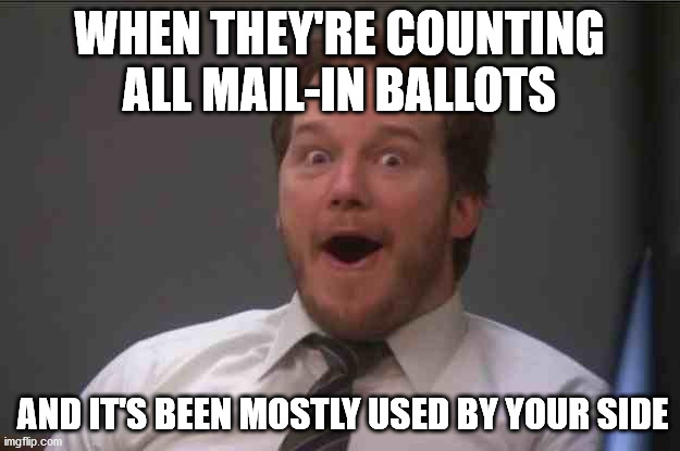 That face you make when you realize Star Wars 7 is ONE WEEK AWAY | WHEN THEY'RE COUNTING ALL MAIL-IN BALLOTS; AND IT'S BEEN MOSTLY USED BY YOUR SIDE | image tagged in that face you make when you realize star wars 7 is one week away | made w/ Imgflip meme maker