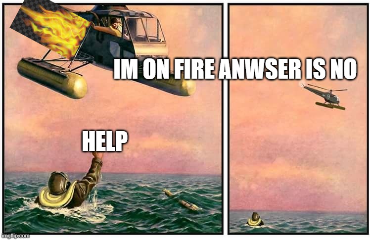 Helicopter rescue denied | IM ON FIRE ANWSER IS NO; HELP | image tagged in helicopter rescue denied | made w/ Imgflip meme maker