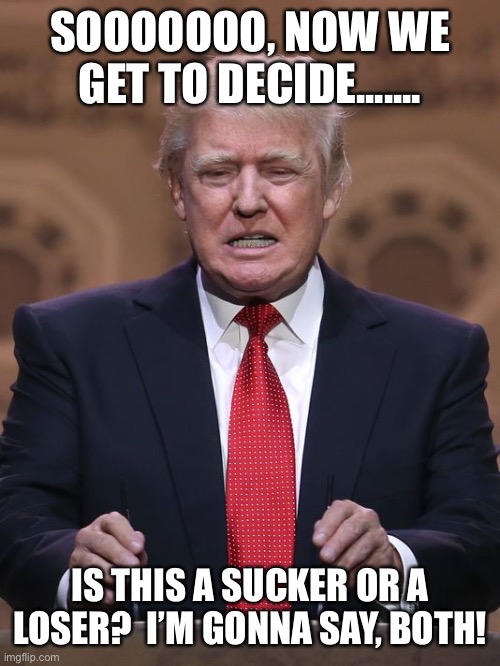 Donald Trump | SOOOOOOO, NOW WE GET TO DECIDE....... IS THIS A SUCKER OR A LOSER?  I’M GONNA SAY, BOTH! | image tagged in donald trump | made w/ Imgflip meme maker