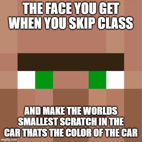 Minecraft Villager | THE FACE YOU GET WHEN YOU SKIP CLASS AND MAKE THE WORLDS SMALLEST SCRATCH IN THE CAR THATS THE COLOR OF THE CAR | image tagged in minecraft villager | made w/ Imgflip meme maker