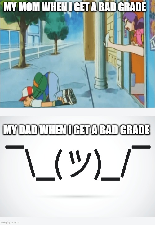 MY MOM WHEN I GET A BAD GRADE; MY DAD WHEN I GET A BAD GRADE | image tagged in kicked out | made w/ Imgflip meme maker