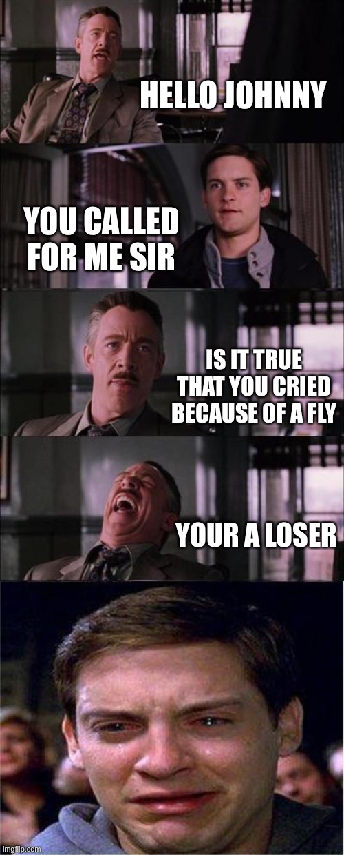 Peter Parker Cry | HELLO JOHNNY; YOU CALLED FOR ME SIR; IS IT TRUE THAT YOU CRIED BECAUSE OF A FLY; YOUR A LOSER | image tagged in memes,peter parker cry | made w/ Imgflip meme maker