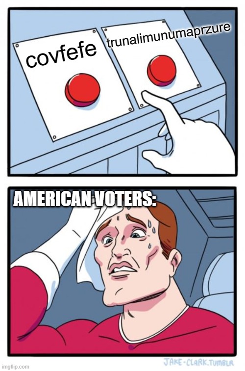 these are really our best two options? | trunalimunumaprzure; covfefe; AMERICAN VOTERS: | image tagged in memes,two buttons,election 2020 | made w/ Imgflip meme maker