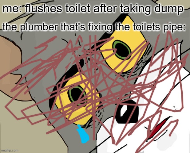 Unsettled Tom Meme | me: flushes toilet after taking dump; the plumber that's fixing the toilets pipe: | image tagged in memes,unsettled tom | made w/ Imgflip meme maker