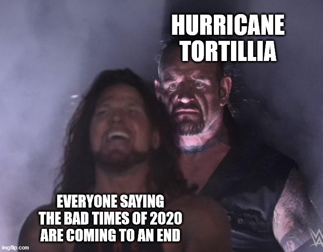 undertaker | HURRICANE TORTILLIA; EVERYONE SAYING THE BAD TIMES OF 2020 ARE COMING TO AN END | image tagged in undertaker | made w/ Imgflip meme maker