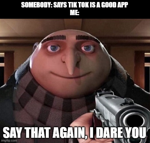 Gru Gun | SOMEBODY: SAYS TIK TOK IS A GOOD APP

ME:; SAY THAT AGAIN, I DARE YOU | image tagged in gru gun | made w/ Imgflip meme maker