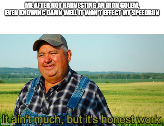 Don't kill the iron golem | ME AFTER NOT HARVESTING AN IRON GOLEM, EVEN KNOWING DAMN WELL IT WON'T EFFECT MY SPEEDRUN | image tagged in it ain't much but it's honest work | made w/ Imgflip meme maker