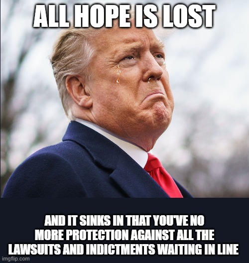 All hope is lost for Trump | ALL HOPE IS LOST; AND IT SINKS IN THAT YOU'VE NO MORE PROTECTION AGAINST ALL THE LAWSUITS AND INDICTMENTS WAITING IN LINE | image tagged in trump,loser,us 2020 election,cheat,thief | made w/ Imgflip meme maker