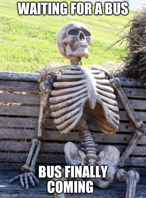 Waiting Skeleton | WAITING FOR A BUS; BUS FINALLY COMING | image tagged in memes,waiting skeleton | made w/ Imgflip meme maker