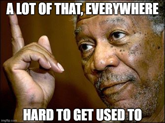 This Morgan Freeman | A LOT OF THAT, EVERYWHERE HARD TO GET USED TO | image tagged in this morgan freeman | made w/ Imgflip meme maker