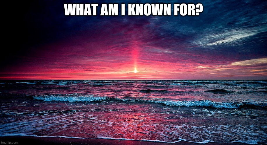 sunset by stellar | WHAT AM I KNOWN FOR? | image tagged in sunset by stellar | made w/ Imgflip meme maker