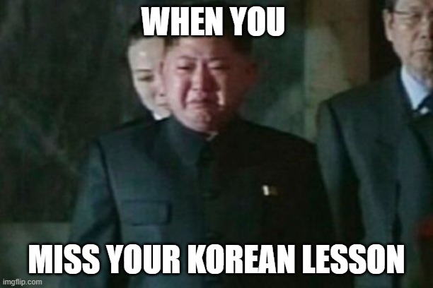 Kim Jong Un Sad Meme | WHEN YOU; MISS YOUR KOREAN LESSON | image tagged in memes,kim jong un sad | made w/ Imgflip meme maker