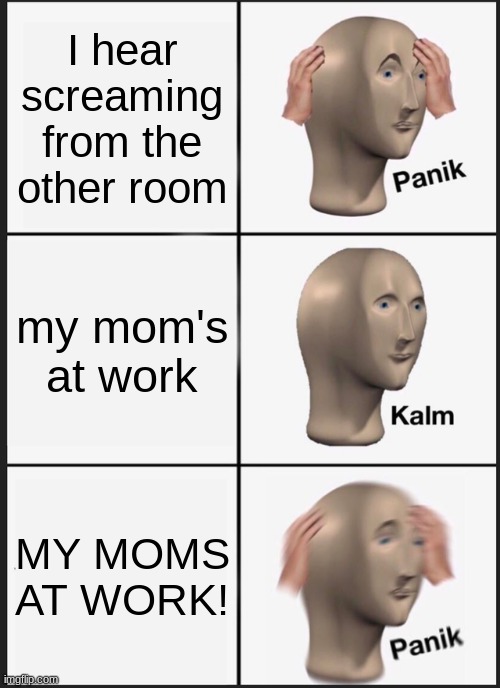 O_O | I hear screaming from the other room; my mom's at work; MY MOMS AT WORK! | image tagged in memes,panik kalm panik | made w/ Imgflip meme maker