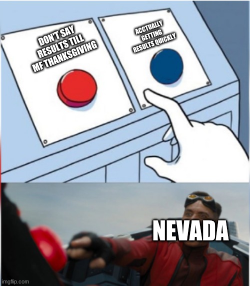 cmon nevada | ACCTUALLY GETTING RESULTS QUICKLY; DON'T SAY RESULTS TILL MF THANKSGIVING; NEVADA | image tagged in robotnik pressing red button | made w/ Imgflip meme maker