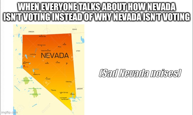 white background | WHEN EVERYONE TALKS ABOUT HOW NEVADA ISN’T VOTING INSTEAD OF WHY NEVADA ISN’T VOTING; (Sad Nevada noises) | image tagged in white background | made w/ Imgflip meme maker