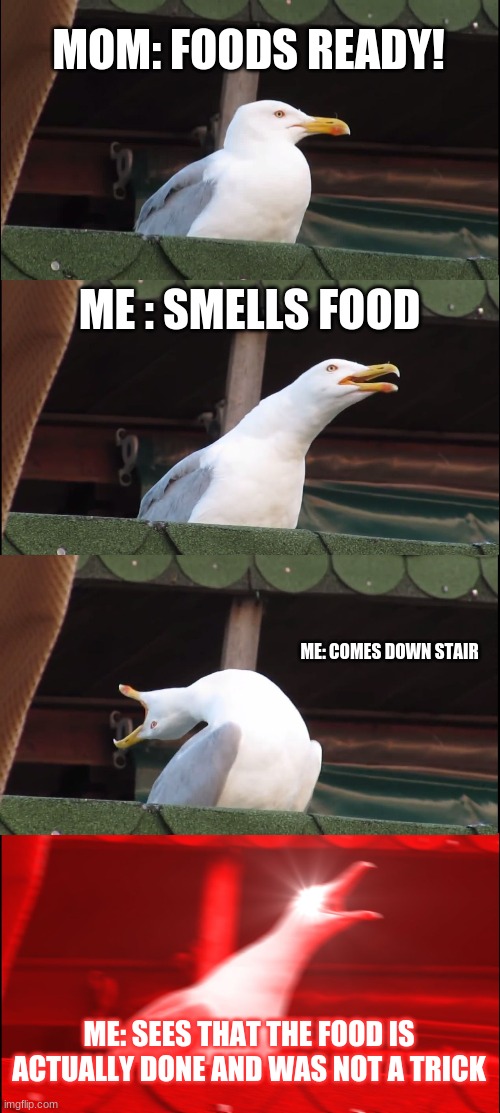 Inhaling Seagull | MOM: FOODS READY! ME : SMELLS FOOD; ME: COMES DOWN STAIR; ME: SEES THAT THE FOOD IS ACTUALLY DONE AND WAS NOT A TRICK | image tagged in memes,inhaling seagull | made w/ Imgflip meme maker