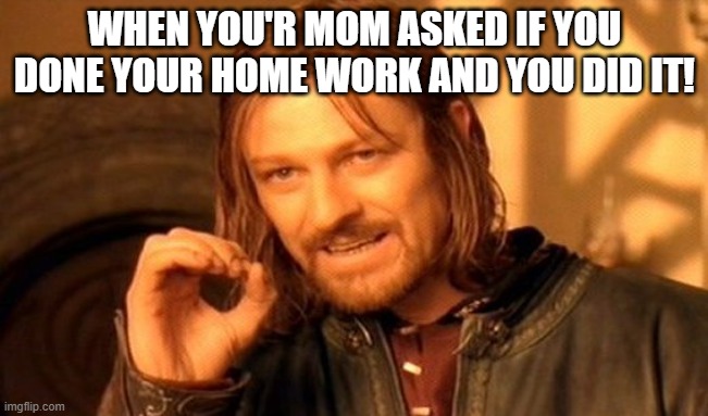 hehe | WHEN YOU'R MOM ASKED IF YOU DONE YOUR HOME WORK AND YOU DID IT! | image tagged in memes,one does not simply | made w/ Imgflip meme maker