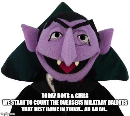 count election quote | TODAY BOYS & GIRLS
WE START TO COUNT THE OVERSEAS MILATARY BALLOTS THAT JUST CAME IN TODAY... AH AH AH.. | image tagged in count dracula | made w/ Imgflip meme maker