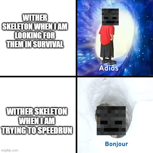 Wither Skeletons be like | WITHER SKELETON WHEN I AM LOOKING FOR THEM IN SURVIVAL; WITHER SKELETON WHEN I AM TRYING TO SPEEDRUN | image tagged in adios bonjour | made w/ Imgflip meme maker