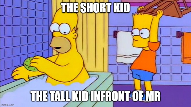 bart hitting homer with a chair | THE SHORT KID; THE TALL KID INFRONT OF MR | image tagged in bart hitting homer with a chair | made w/ Imgflip meme maker