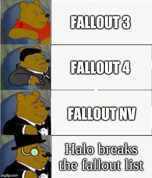 Tuxedo Winnie the Pooh 4 panel | FALLOUT 3; FALLOUT 4; FALLOUT NV; Halo breaks the fallout list | image tagged in tuxedo winnie the pooh 4 panel | made w/ Imgflip meme maker