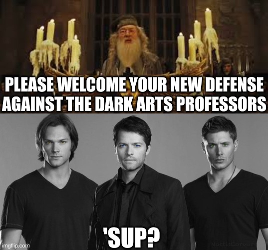 Professors Winchesters and Castiel | PLEASE WELCOME YOUR NEW DEFENSE AGAINST THE DARK ARTS PROFESSORS; 'SUP? | image tagged in the winchesters,castiel,dumbledore opening feast | made w/ Imgflip meme maker