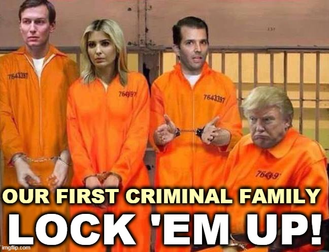 Felonious Trump. | LOCK 'EM UP! OUR FIRST CRIMINAL FAMILY | image tagged in trump criminal family lock em up,trump,criminal,cheat,tax returns,jail | made w/ Imgflip meme maker