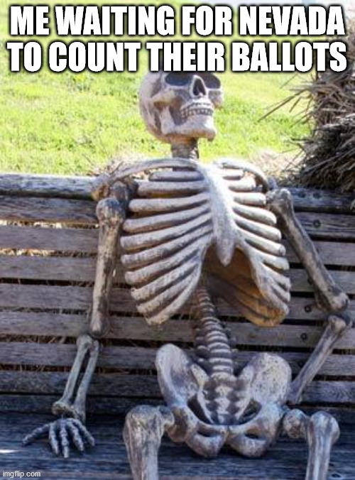 Waiting Skeleton | ME WAITING FOR NEVADA TO COUNT THEIR BALLOTS | image tagged in memes,waiting skeleton | made w/ Imgflip meme maker
