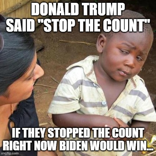 Third World Skeptical Kid | DONALD TRUMP SAID "STOP THE COUNT"; IF THEY STOPPED THE COUNT RIGHT NOW BIDEN WOULD WIN... | image tagged in memes,third world skeptical kid | made w/ Imgflip meme maker