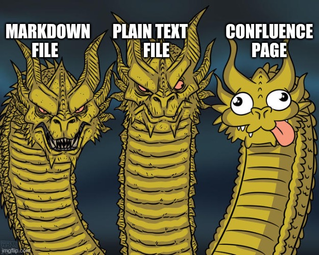 Three-headed Dragon | MARKDOWN       PLAIN TEXT            CONFLUENCE
FILE                           FILE                          PAGE | image tagged in three-headed dragon,ProgrammerHumor | made w/ Imgflip meme maker