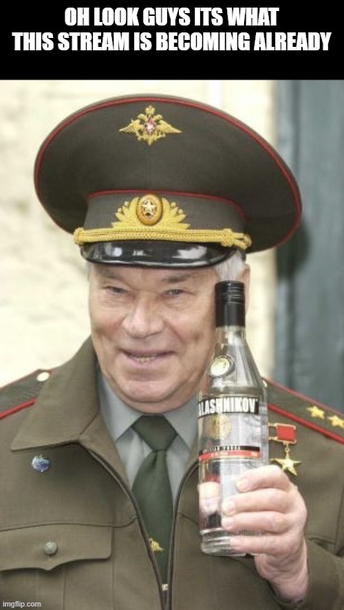 Kalashnikov vodka | OH LOOK GUYS ITS WHAT THIS STREAM IS BECOMING ALREADY | image tagged in kalashnikov vodka | made w/ Imgflip meme maker