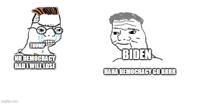 nooo haha go brrr | NO DEMOCRACY BAD I WILL LOSE HAHA DEMOCRACY GO BRRR TRUMP BIDEN | image tagged in nooo haha go brrr | made w/ Imgflip meme maker