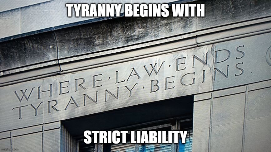 Tyranny begins with Strict Liability | TYRANNY BEGINS WITH; STRICT LIABILITY | image tagged in dementia,strict liability,dementia justice | made w/ Imgflip meme maker