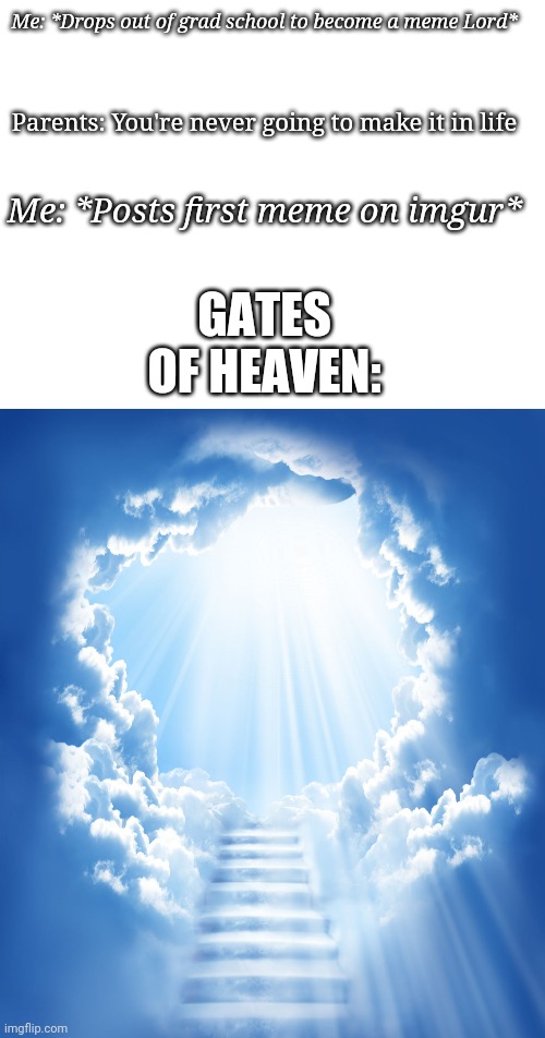 Meme Lord Meme | Me: *Drops out of grad school to become a meme Lord*; Parents: You're never going to make it in life; Me: *Posts first meme on imgur*; GATES OF HEAVEN: | image tagged in memes,funny memes,heaven,jokes,making memes,grad school | made w/ Imgflip meme maker