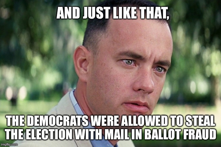 And Just Like That Meme | AND JUST LIKE THAT, THE DEMOCRATS WERE ALLOWED TO STEAL THE ELECTION WITH MAIL IN BALLOT FRAUD | image tagged in memes,and just like that,democrats,voter fraud | made w/ Imgflip meme maker