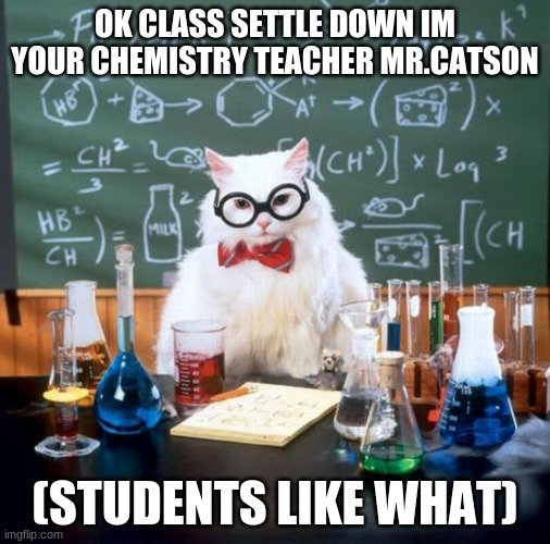 Chemistry Cat | OK CLASS SETTLE DOWN IM YOUR CHEMISTRY TEACHER MR.CATSON; (STUDENTS LIKE WHAT) | image tagged in memes,chemistry cat | made w/ Imgflip meme maker