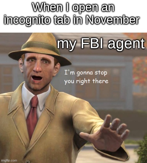 Why it got to be november | When I open an incognito tab in November; my FBI agent | image tagged in im gonna stop you right there,no nut november,funny | made w/ Imgflip meme maker