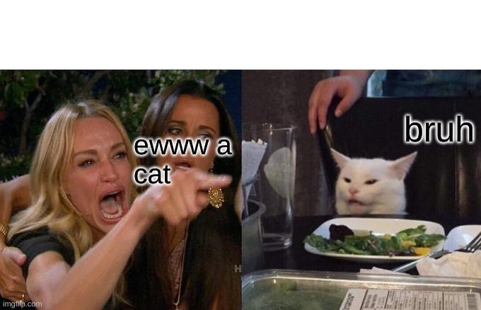 bruh | bruh; ewww a
cat | image tagged in memes,woman yelling at cat | made w/ Imgflip meme maker