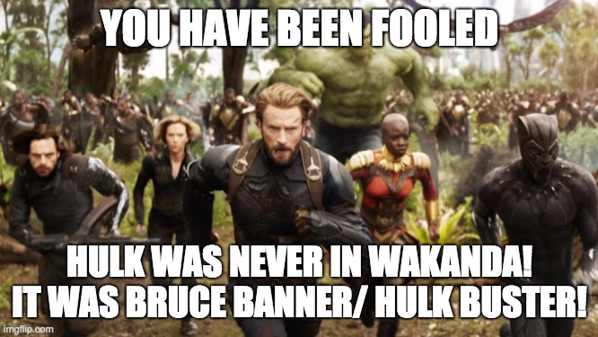 You've been fooled | YOU HAVE BEEN FOOLED; HULK WAS NEVER IN WAKANDA! IT WAS BRUCE BANNER/ HULK BUSTER! | image tagged in avengers infinity war running | made w/ Imgflip meme maker