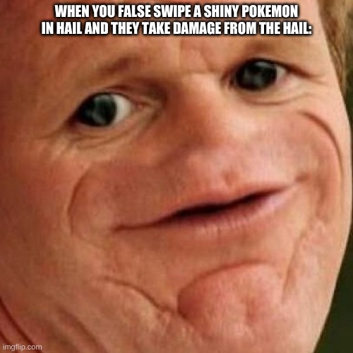 F in the chat | WHEN YOU FALSE SWIPE A SHINY POKEMON IN HAIL AND THEY TAKE DAMAGE FROM THE HAIL: | image tagged in sosig | made w/ Imgflip meme maker