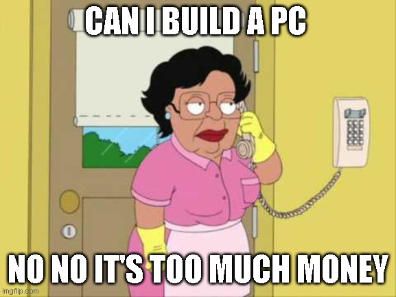asking mexican parents if you can build a pc | CAN I BUILD A PC; NO NO IT'S TOO MUCH MONEY | image tagged in memes,consuela | made w/ Imgflip meme maker