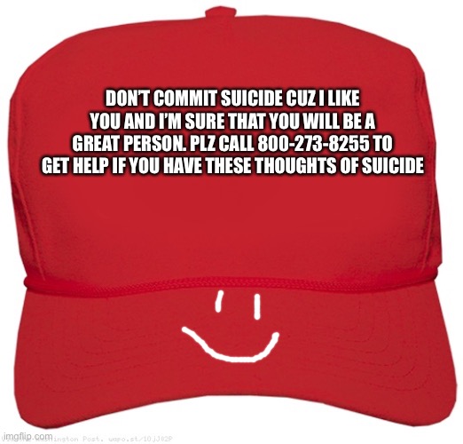 Don’t commit suicide | DON’T COMMIT SUICIDE CUZ I LIKE YOU AND I’M SURE THAT YOU WILL BE A GREAT PERSON. PLZ CALL 800-273-8255 TO GET HELP IF YOU HAVE THESE THOUGHTS OF SUICIDE | image tagged in blank red maga hat | made w/ Imgflip meme maker