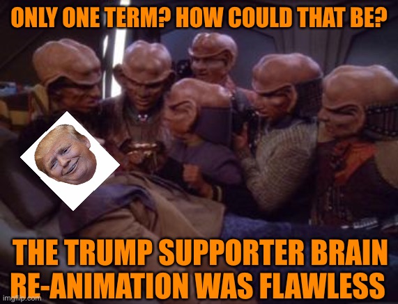 The Orange overlords lament over Trump one’s election malfunction | ONLY ONE TERM? HOW COULD THAT BE? THE TRUMP SUPPORTER BRAIN RE-ANIMATION WAS FLAWLESS | image tagged in donald trump,orange,star trek,losers,election 2020,joe biden | made w/ Imgflip meme maker