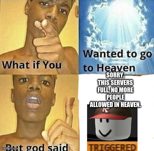 What if you wanted to go to Heaven | SORRY. THIS SERVERS FULL. NO MORE PEOPLE ALLOWED IN HEAVEN. | image tagged in what if you wanted to go to heaven | made w/ Imgflip meme maker