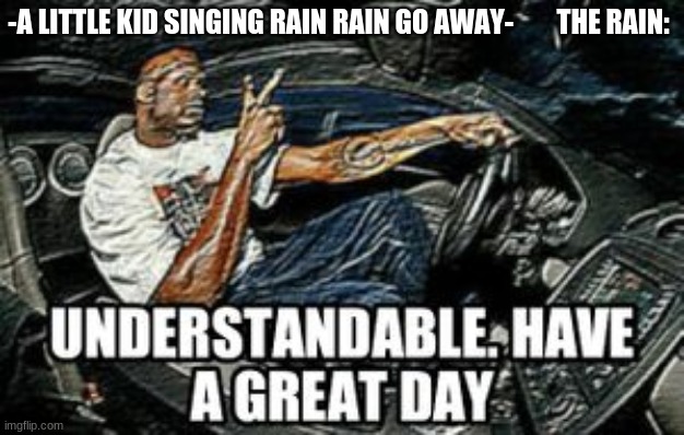 UNDERSTANDABLE HAVE A GREAT DAY | -A LITTLE KID SINGING RAIN RAIN GO AWAY-        THE RAIN: | image tagged in understandable have a great day | made w/ Imgflip meme maker