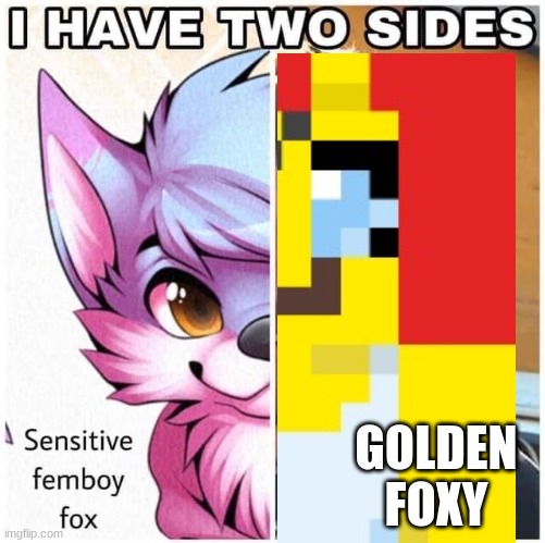 i have 2 sides | GOLDEN FOXY | image tagged in golden foxy,furry,femboy,i have 2 sides | made w/ Imgflip meme maker